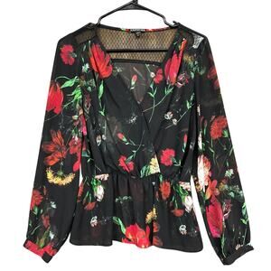 Express Womens Blouse Black Red Floral Sheer V Neck Long Sleeve Wrap Style XS